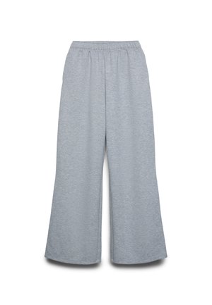 Pantaloni a gamba larga grigio chiaro con cintura elastica, realizzati in tessuto morbido e confortevole, mostrati su sfondo bianco.