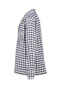 Navy and white checkered flannel shirt with a notched collar and single chest pocket; features a straight-cut design and soft texture.