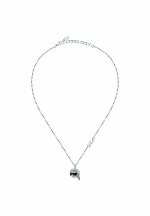Collier en chaîne argentée avec un pendentif en forme de tête portant des lunettes de soleil, orné de strass, avec un fermoir ajustable.