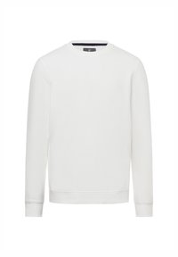 White sweatshirt with long sleeves, round neckline, ribbed cuffs and hem, and a soft texture. Minimalistic design, no visible logos or patterns.