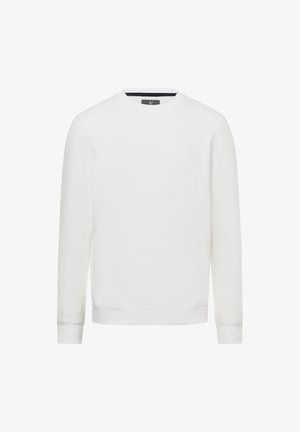 Weißer Sweatshirt mit langen Ärmeln, rundem Halsauschnitt, gerippten Bündchen und Saum sowie einer weichen Textur. Minimalistisches Design, keine sichtbaren Logos oder Muster.