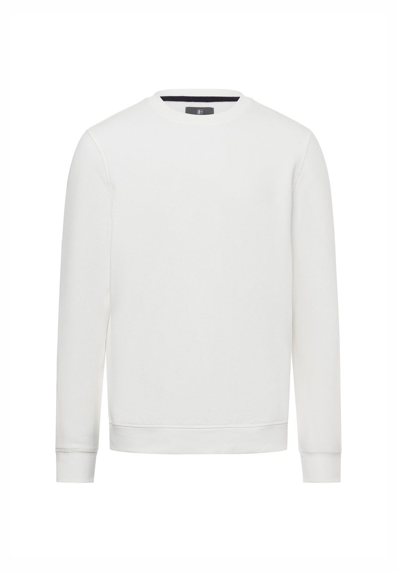 White sweatshirt with long sleeves, round neckline, ribbed cuffs and hem, and a soft texture. Minimalistic design, no visible logos or patterns.