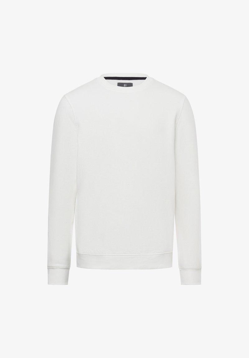 White sweatshirt with long sleeves, round neckline, ribbed cuffs and hem, and a soft texture. Minimalistic design, no visible logos or patterns.