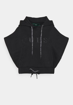 Czarna krótka bluza z kapturem z przednią kieszenią, haftowanym logo "GUESS", regulowanym kapturem z markowymi sznurkami i elementem ze sznurkiem w talii.