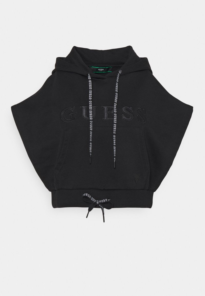 Sweat à capuche court noir avec poche avant, logo "GUESS" brodé, capuche ajustable avec cordons de marque et détail cordon à la taille.