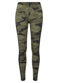 Camouflage leggings in green and black. Made of stretchy fabric, featuring a fitted design and black side panels.