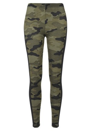 Camouflage leggings in green and black. Made of stretchy fabric, featuring a fitted design and black side panels.