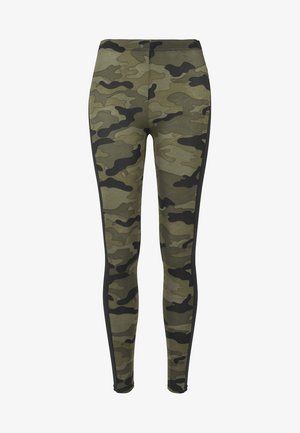 Camouflage leggings in green and black. Made of stretchy fabric, featuring a fitted design and black side panels.