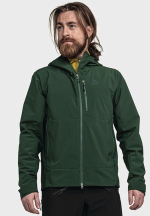 Dunkelgrüne Softshell-Jacke mit Kapuze, vorderem Reißverschluss und Reißverschluss-Brusttasche; verfügt über ein kontrastierendes gelbes Innenfutter.