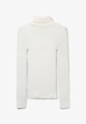 Vit ruggad turtleneck-top med långa ärmar, med en hög krage och en figurnära passform. Slät textur med subtil stretch.