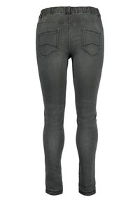 Leggings en denim gris avec taille élastique, coupe ajustée, deux poches arrière avec des détails cousus, et une texture lisse, légèrement brillante.
