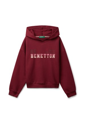 Felpa con cappuccio color marrone scuro, maniche lunghe, polsini a coste e la scritta "65 UNITED COLORS OF BENETTON" sul petto.