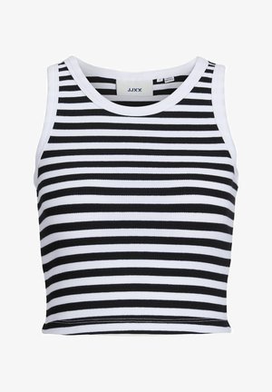 Crop top a righe bianche e nere realizzato in tessuto a costine. Presenta un collo rotondo e ampie aperture per le braccia, con una forma aderente e senza decorazioni.