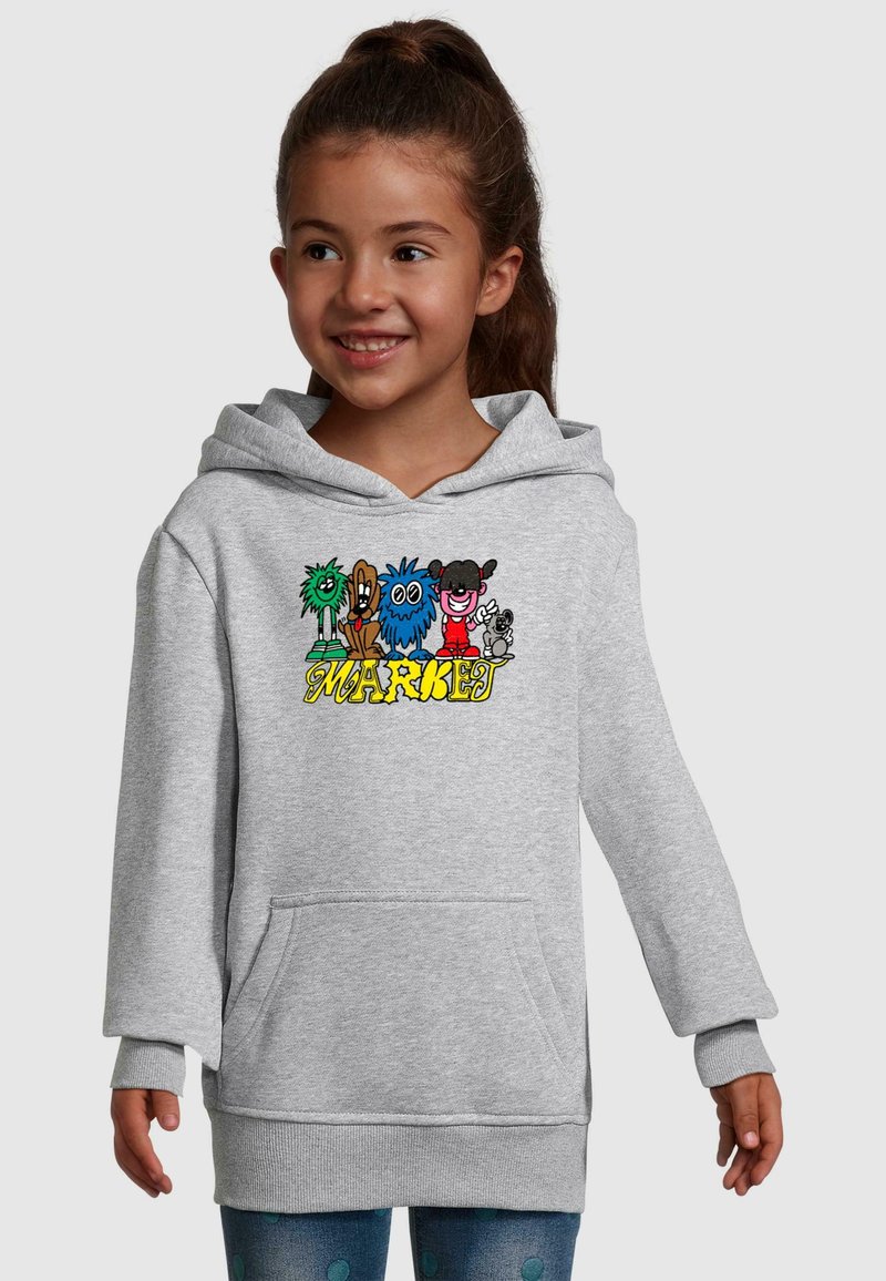 Felpa grigia con tasca frontale, caratterizzata da colorati disegni di personaggi dei cartoni e dalla parola "MARKED" in testo giallo brillante.