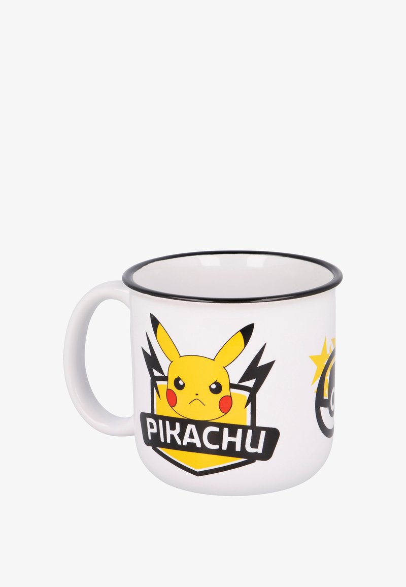 White ceramic mug with black rim, featuring a Pikachu design in yellow and red, and a black shield with "PIKACHU" text.