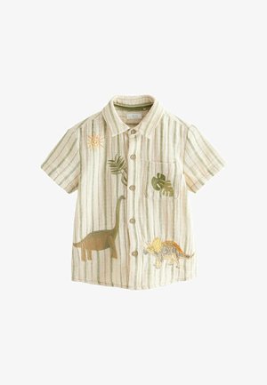 Beige-grün gestreiftes Kurzarm-Kinderhemd mit Knopfleiste, bestickter Sonne, Blättern und zwei Dinosaurier-Motiven.