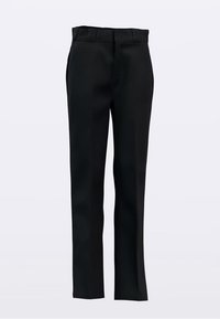 Czarne, skrojone spodnie o prostym kroju nogawki, z szlufkami na pasek w talii i kieszeniami po bokach. Wykonane z gładkiej, wytrzymałej tkaniny.