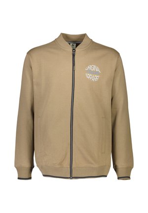 Beige ritsjack met een hoge kraag, ribbelmanchetten en onderzoom. Voorzien van een blauw-wit "Original Apparel" graphic op de borst en zijzakken.
