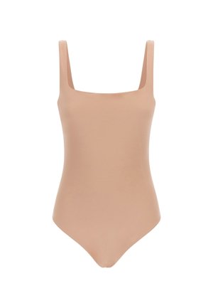 Hautfarbener Einteiler mit quadratischem Ausschnitt und breiten Trägern. Glatter, dehnbarer Stoff mit taillierter Passform und tiefem Rückenausschnitt.