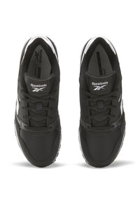 Black athletic sneakers with a textured fabric upper, white accents, lace-up closure, and a rubber sole featuring a tread pattern.