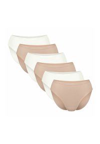 Sechs Paar Baumwollslips in Beige und Weiß. Gekennzeichnet durch ein klassisches Design mit glatter Textur und elastischem Bund.