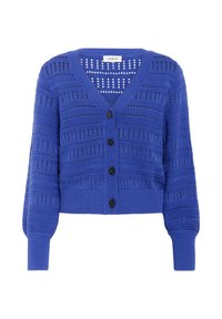 Blå stickad kort cardigan med V-ringning, med horisontella och vertikala urtagsmönster, fyra svarta knappar och ribbade muddar.