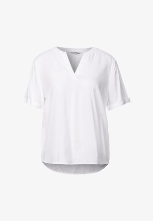 Weiße kurzärmlige Bluse mit V-Ausschnitt. Weicher, glatter Stoff mit umgeschlagenen Ärmelenden und einem abgerundeten Saum hinten für eine lockere Passform.