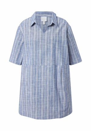 Vestito a maniche corte a righe verticali blu e bianche con colletto e cucitura in vita, orlo leggermente svasato.