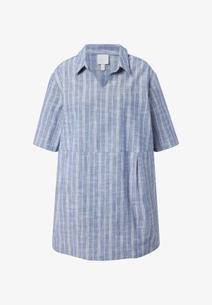 Blå og hvide vertikale stribede kortærmede kjole med krave og syning i taljen, let udskåret nederdel.