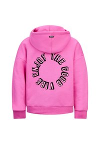 Felpa rosa realizzata in morbido tessuto, con stampa circolare di testo nero "ENJOY THE GOOD VIBE" sulla schiena. Polsini e orlo a coste.