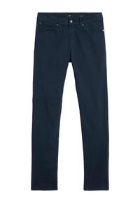 Dunkelblaue Jeans im Slim-Fit-Schnitt mit fünf Taschen, einem Knopf- und Reißverschluss und dezenten Stitching-Details. Weicher Denim-Stoff.