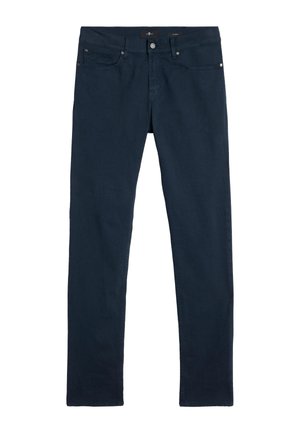 Donkerblauwe jeans met een slim fit, voorzien van vijf zakken, een knoop- en ritssluiting en subtiele stikdetails. Zachte denimstof.