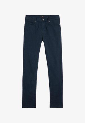 Donkerblauwe jeans met een slim fit, voorzien van vijf zakken, een knoop- en ritssluiting en subtiele stikdetails. Zachte denimstof.