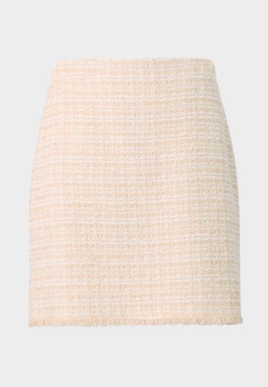 Beige tweed mini skirt with a textured check pattern, fringed hem, and straight silhouette, made of soft, woven fabric.