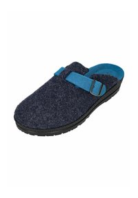 Blaue und dunkelgraue Filzpantoffeln mit einem einzelnen Schnallenriemen, Gummisohle und strukturiertem Stofffinish. Offenes Rückendesign für einfaches Anziehen.