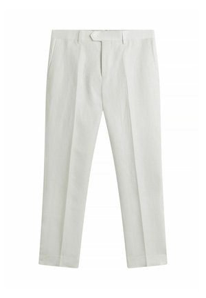 Weiße maßgeschneiderte Hose mit vorderen Taschen, Gürtelschlaufen, einem am Bund mit Knopf befestigten Riegel und geradem Bein.