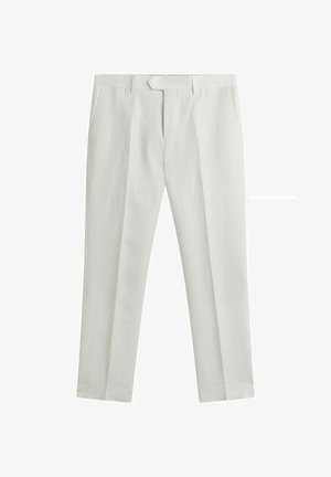 Weiße maßgeschneiderte Hose mit vorderen Taschen, Gürtelschlaufen, einem am Bund mit Knopf befestigten Riegel und geradem Bein.