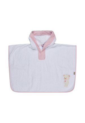 Weißer Baby-Kapuzenhandtuch-Poncho mit rosa Saum und einer kleinen Bärenillustration in der unteren rechten Ecke.