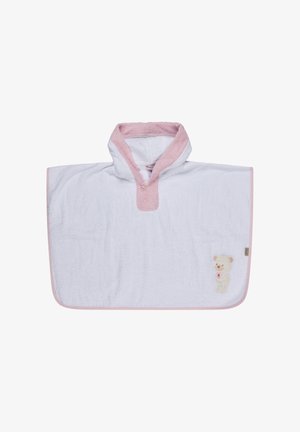 Weißer Baby-Kapuzenhandtuch-Poncho mit rosa Saum und einer kleinen Bärenillustration in der unteren rechten Ecke.