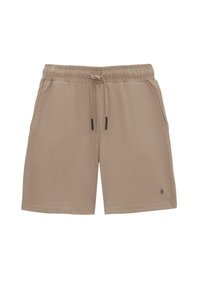 Beżowe szorty o teksturowanym, prążkowanym wzorze. Posiadają elastyczny pasek w talii ze sznurkiem do regulacji oraz dwie boczne kieszenie. Mały akcent z logo po boku.