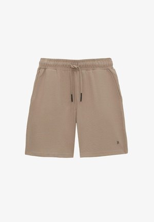 Beżowe szorty o teksturowanym, prążkowanym wzorze. Posiadają elastyczny pasek w talii ze sznurkiem do regulacji oraz dwie boczne kieszenie. Mały akcent z logo po boku.