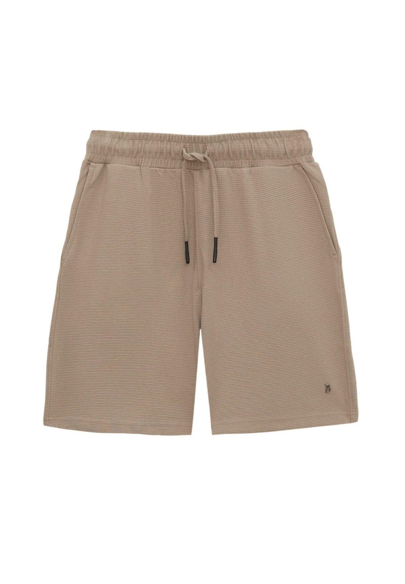 Beżowe szorty o teksturowanym, prążkowanym wzorze. Posiadają elastyczny pasek w talii ze sznurkiem do regulacji oraz dwie boczne kieszenie. Mały akcent z logo po boku.