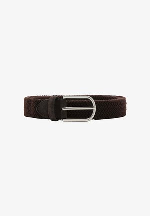 Ceinture en tissu tissé marron foncé avec boucle en métal argenté et extrémité en daim, posée à plat sur fond blanc.