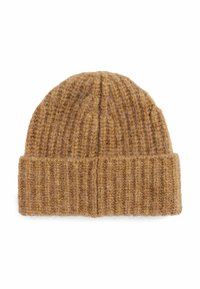 Gebreide muts in een warme bruin kleur met een geribbeld patroon en een omgeslagen rand. Gemaakt van zachte, pluizige garen.