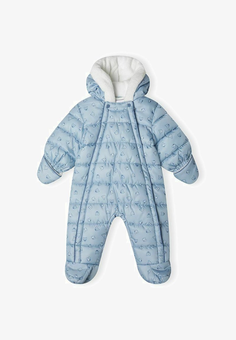 Lichtblauwe puffer sneeuwoverall met een fluffy witte gevoerde capuchon, voorzien van een herhalend dierenprintpatroon, elastische manchetten en een voetontwerp.