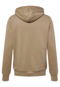 Kapturowa bluza w jasnobrązowym kolorze, wykonana z miękkiej tkaniny, z długimi rękawami i prostym wzorem. Posiada gładką fakturę i prążkowane mankiety.