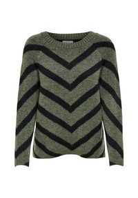 Strickpullover in Olivgrün mit schwarzen Zickzackstreifen. Hat einen runden Ausschnitt und lange Ärmel. Weicher Stoff, normale Passform.