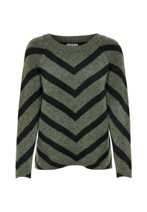 Pull en tricot de couleur vert olive avec des rayures noires en chevron. Doté d'un col rond et de manches longues. Texture douce, coupe régulière.