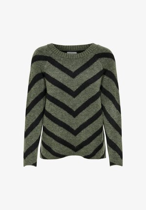 Knit sweater in olive green with black chevron stripes. Features a round neckline and long sleeves. Soft texture, regular fit.