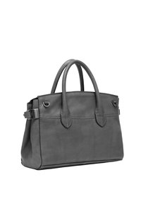 Graue Lederhandtasche mit strukturiertem Design, doppelten runden Griffen und abgesetzten Nähten. Verfügt über einen silbernen Metallverschluss und dekorative Hardware.